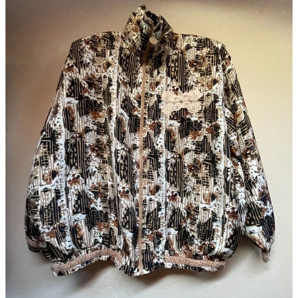 Vintage Anney Collection Women Zip Front Silk Jacket Brown Printed Size 1X Lined